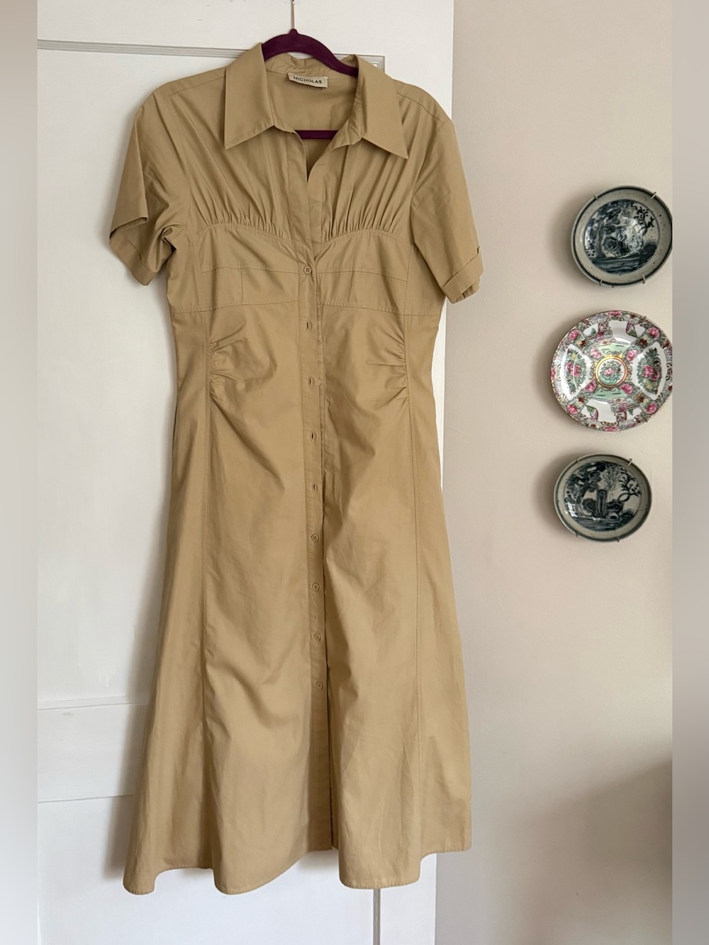 NICHOLAS Button-Front Tan Shirt Dress
